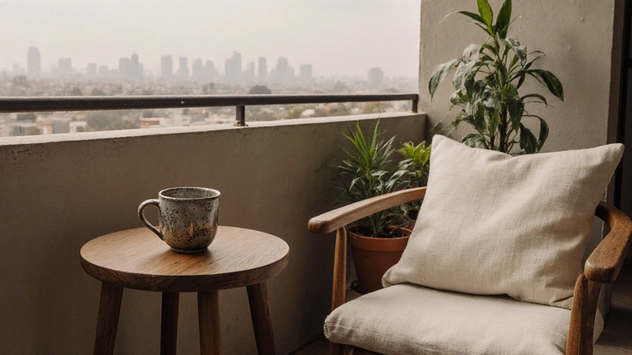Teak side table with linen cushion on balcony at morning light