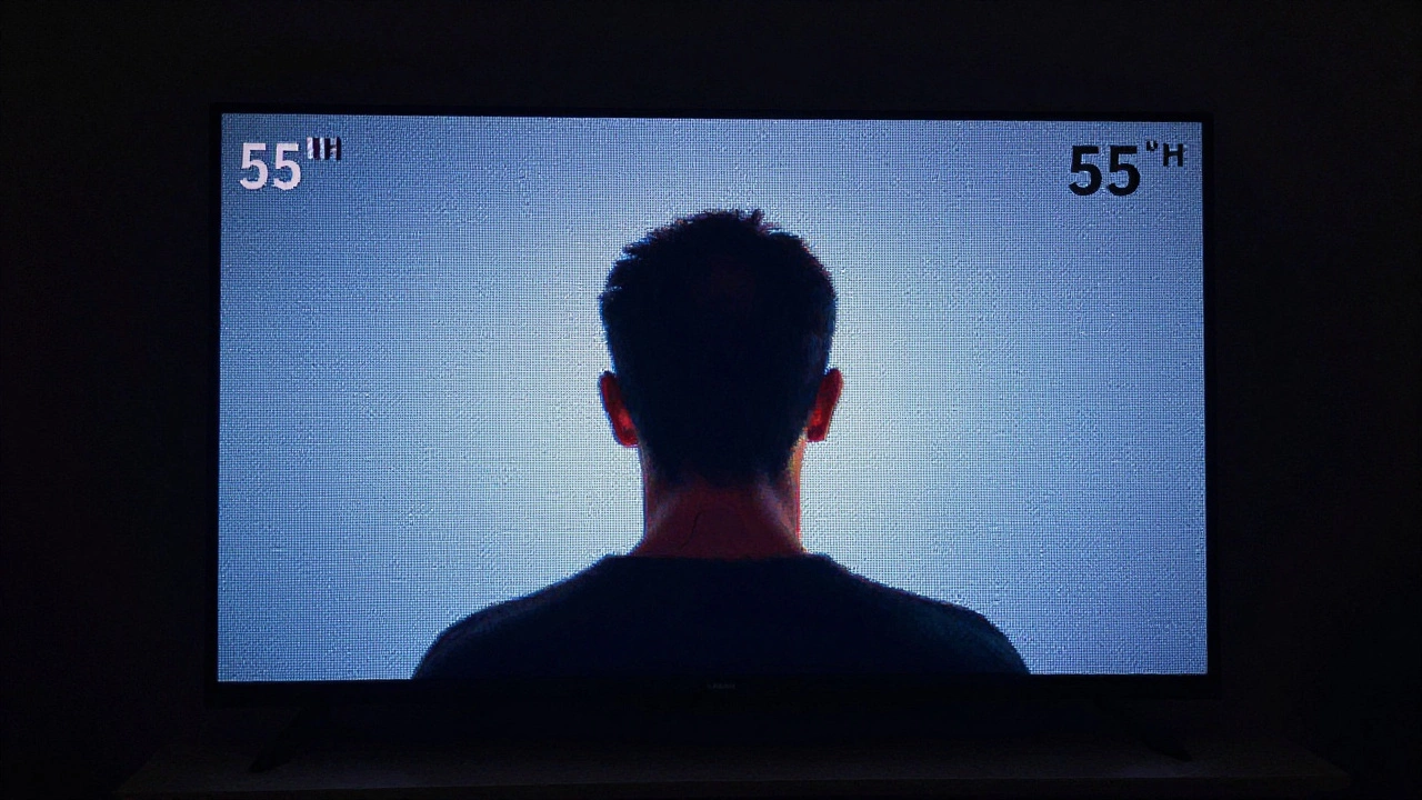 A 4K TV screen filling the viewer's field of vision with sharp detail, contrasted by a blurred outline of eye strain from incorrect viewing distance.