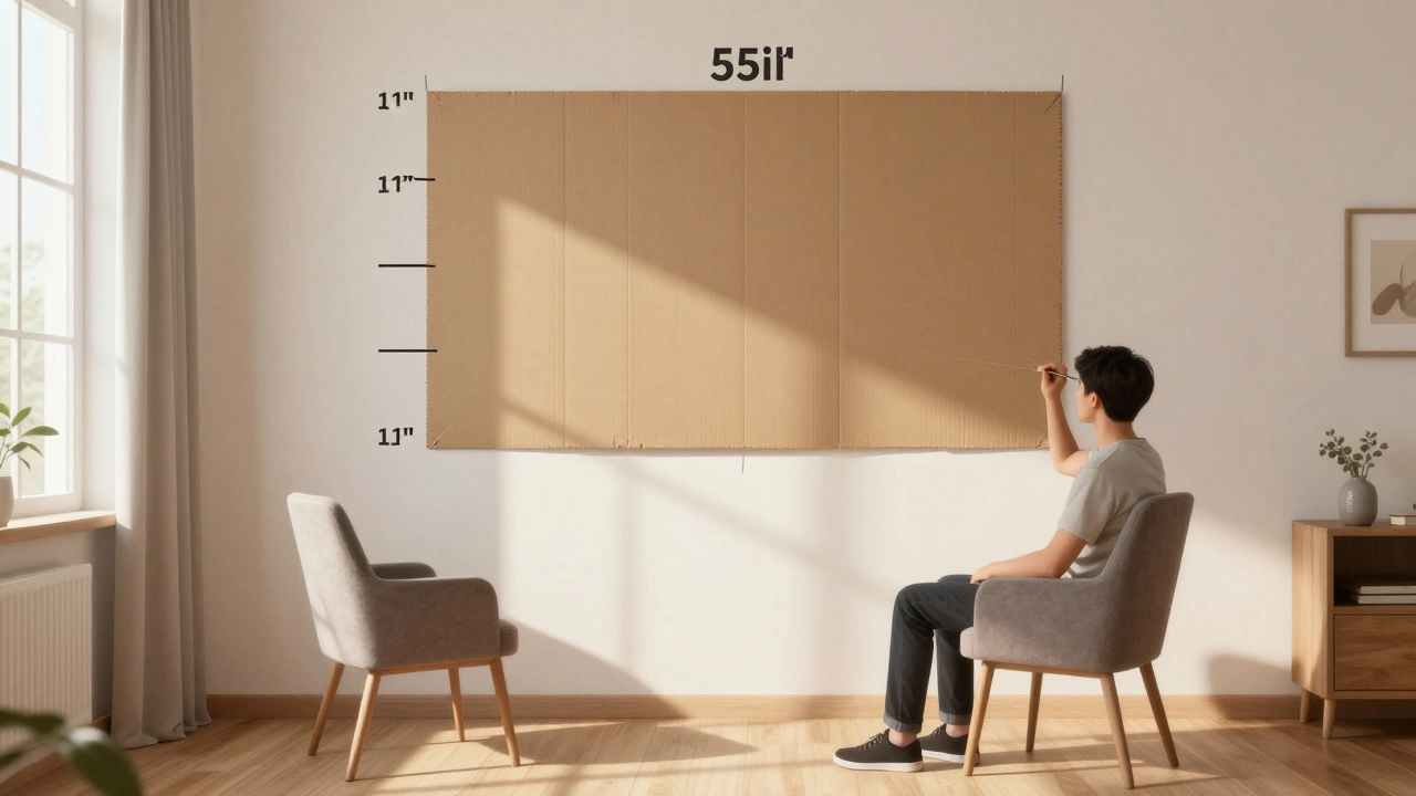 A cardboard template of a 55-inch TV taped on a wall at eye level, with a person testing viewing distance in natural morning light.