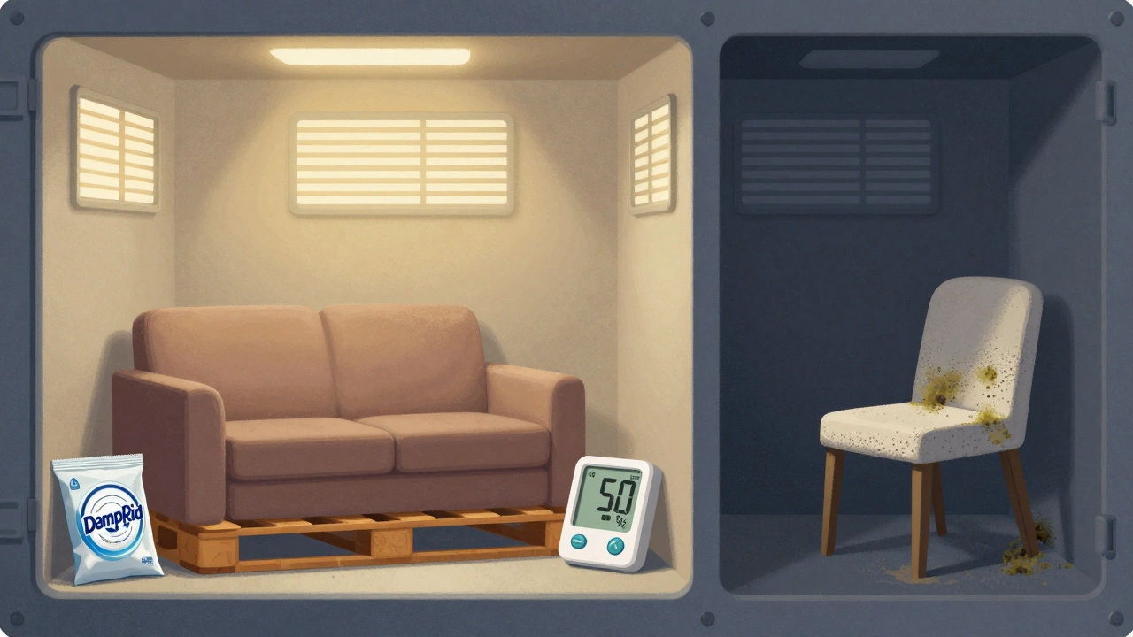 A climate-controlled storage unit with furniture on pallets and humidity control devices.