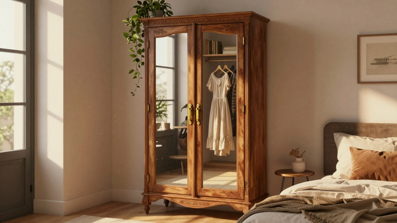 A vintage armoire with mirrored doors standing tall in a modern bedroom.