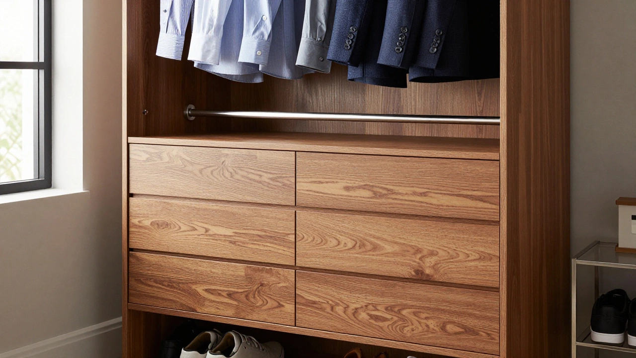 A wardrobe chest with drawers below and hanging space above in a home office.