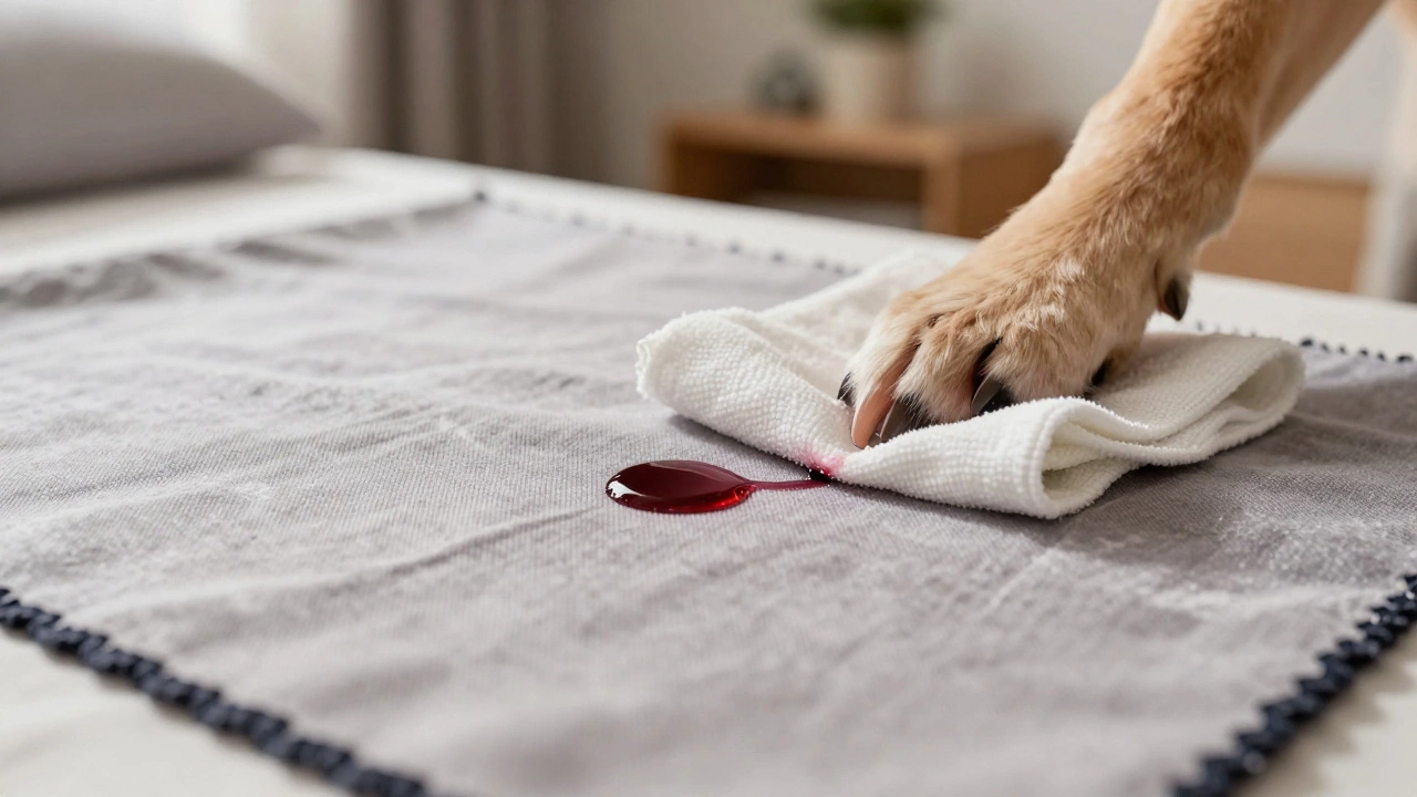 Close-up of red wine being blotted from performance fabric while a dog&#039;s claw brushes the surface.