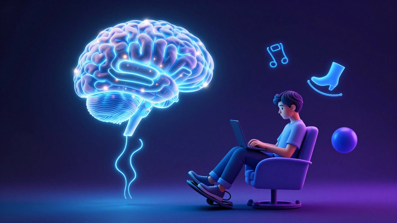 Conceptual image of a brain linked to a person moving dynamically while working, with fidget elements floating nearby.