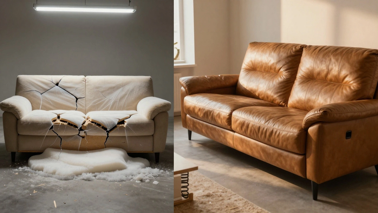 Contrasting images of a failing cheap sofa versus a long-lasting premium sofa side by side.
