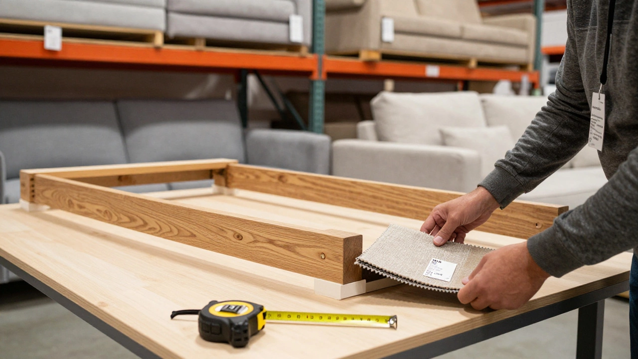Customer inspecting a couch frame in a warehouse showroom, examining kiln-dried oak joints and fabric durability labels.