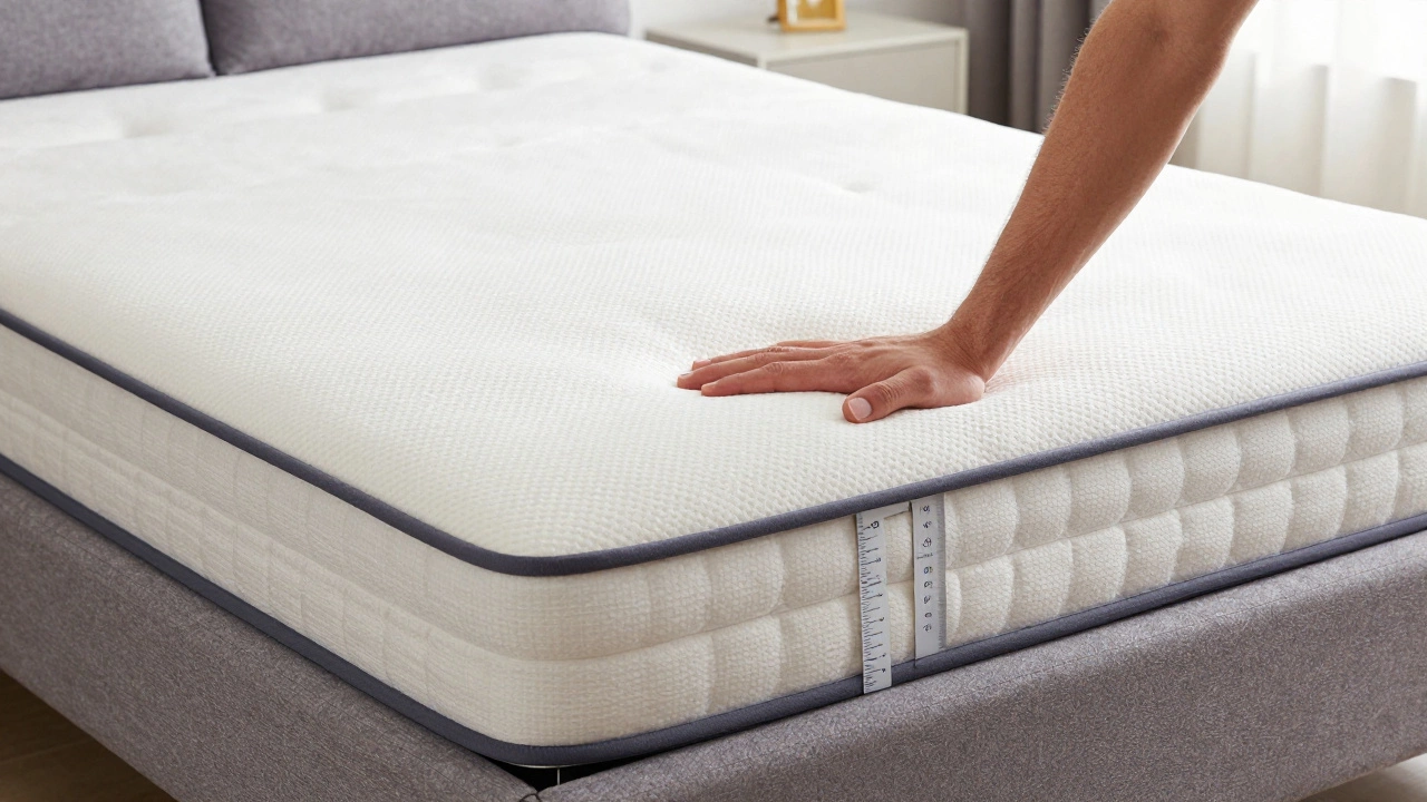 Hand pressing down on a sofa bed to show its 6-inch thick mattress with a ruler for scale.