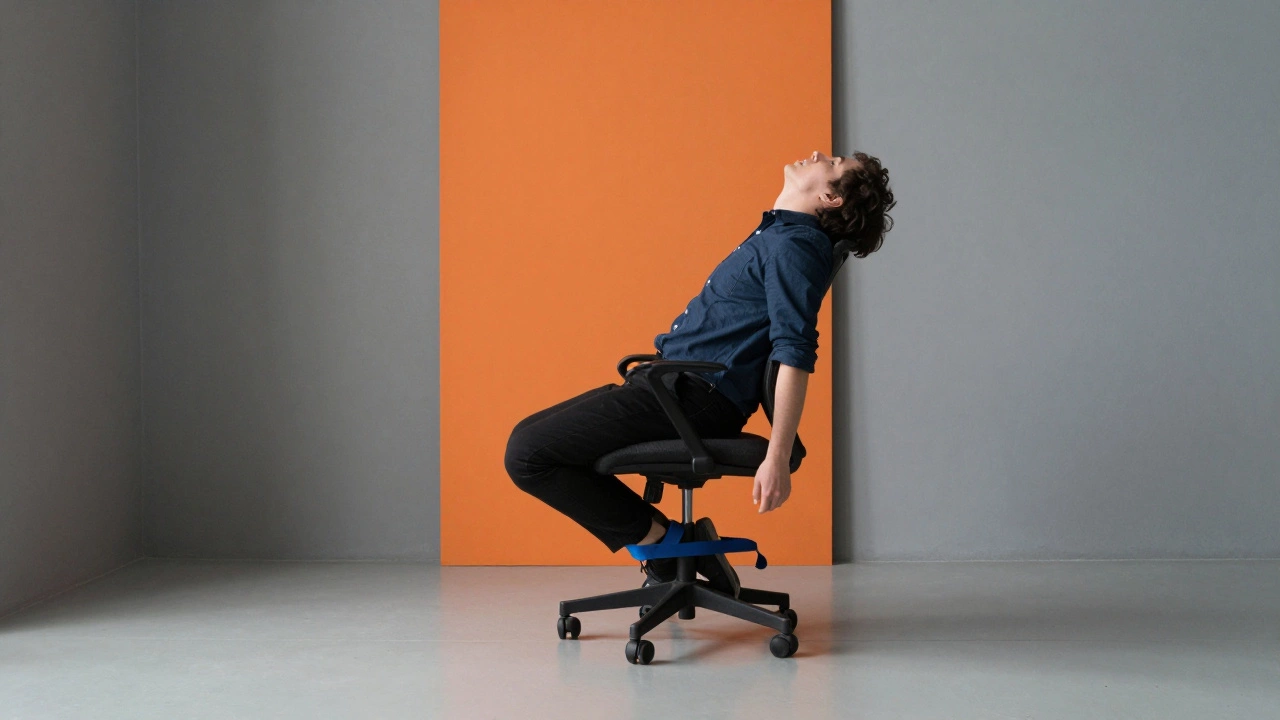 Individual on a swivel chair without armrests, legs tucked under, rocking forward and back in a quiet office.