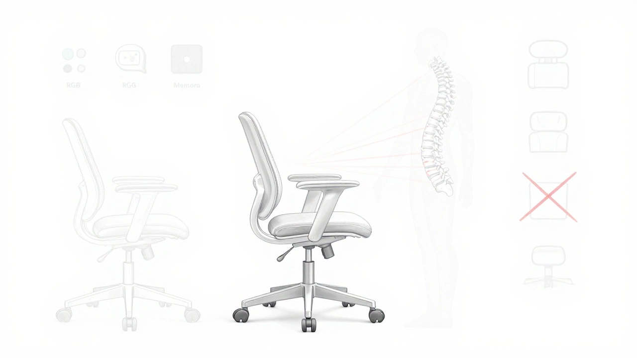 Minimalist line drawing of a chair with five key ergonomic features glowing, connected to a spine, while other features are faded.