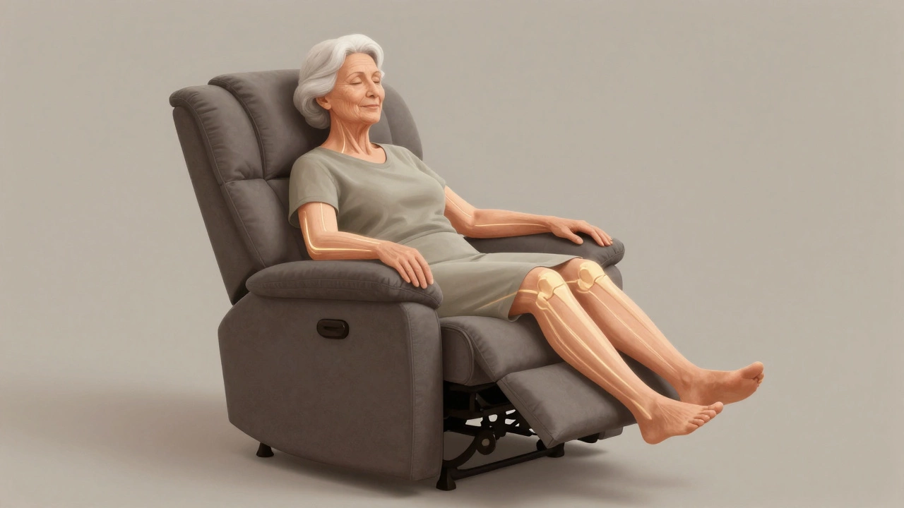 Senior woman in supportive recliner with elevated legs and proper spine alignment.