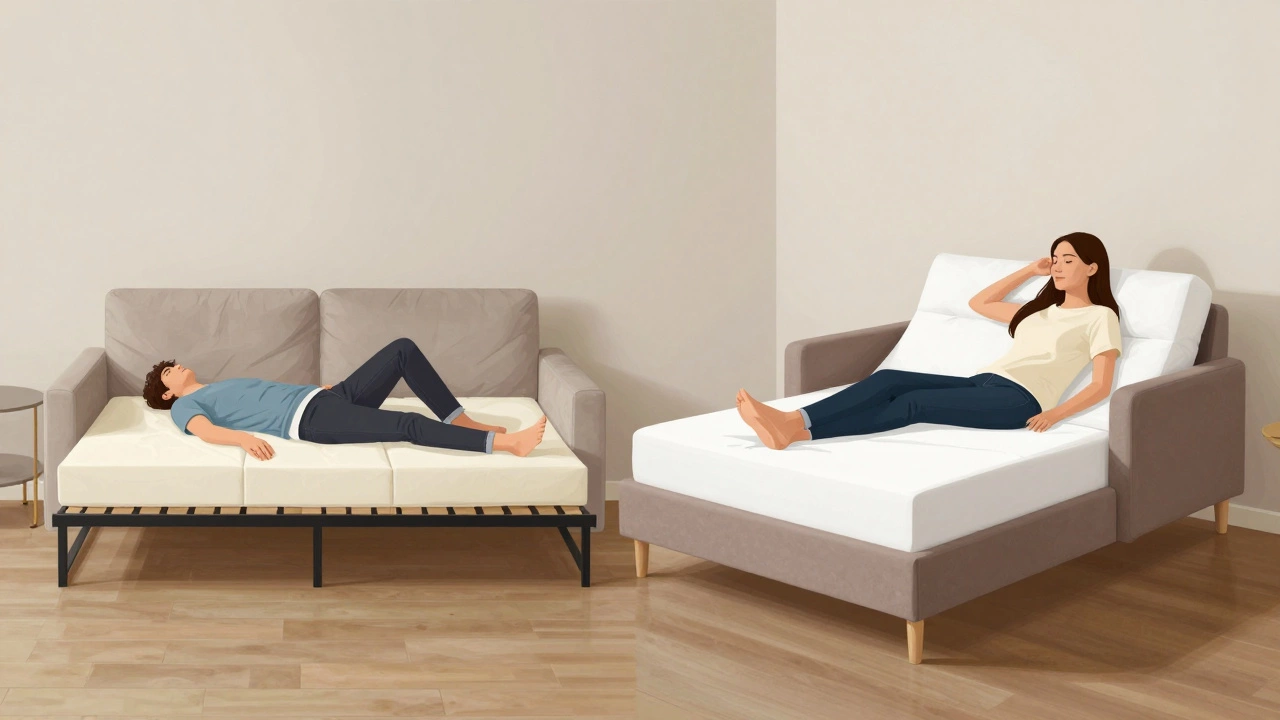 Side-by-side comparison of a sagging budget sofa bed versus a supportive premium one.