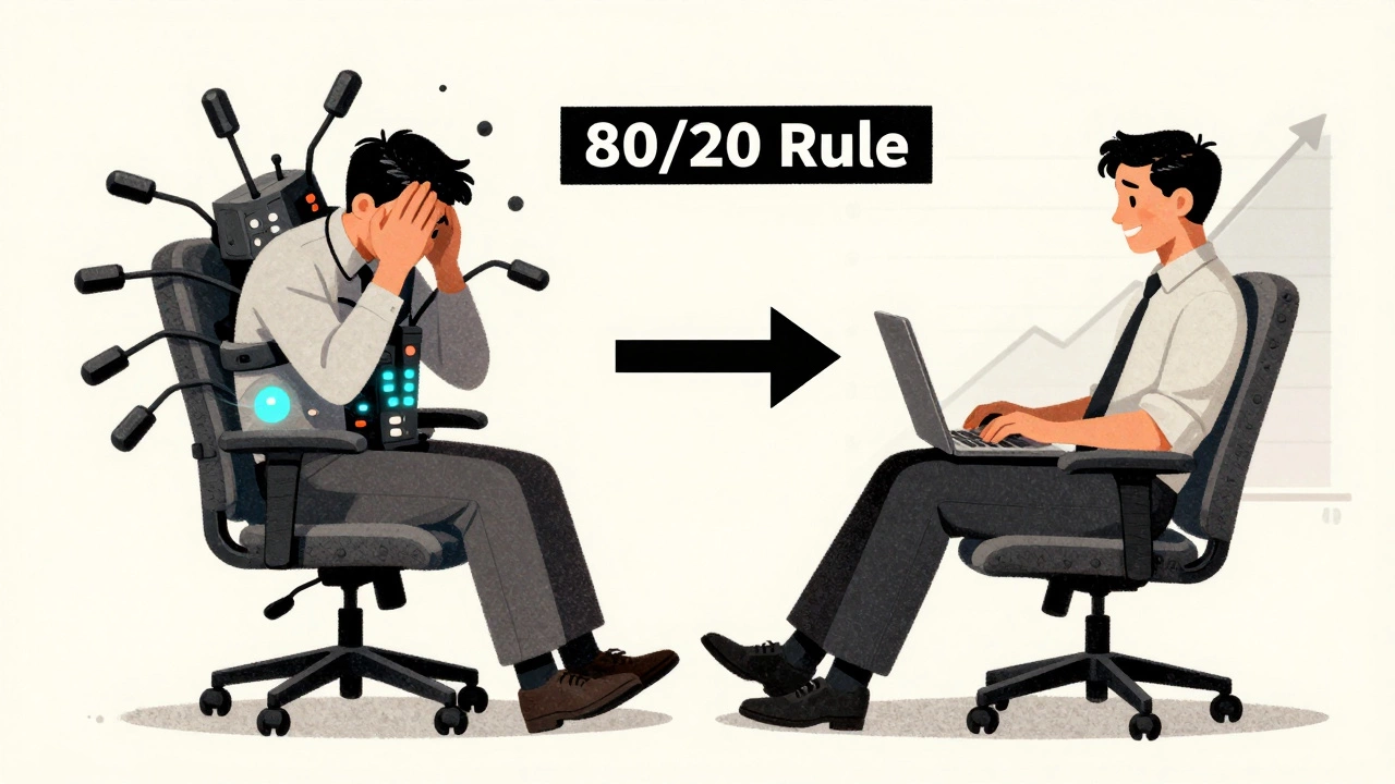 Split illustration: one side shows frustration with a complex chair, the other shows comfort with a simple ergonomic chair.