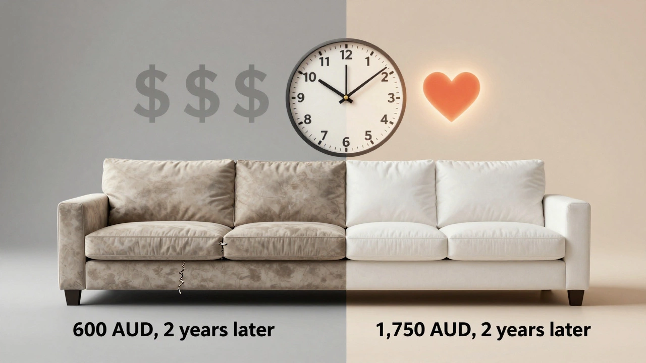 Split image comparing a sagging cheap couch to a long-lasting quality one, with a timeline showing cost over time.