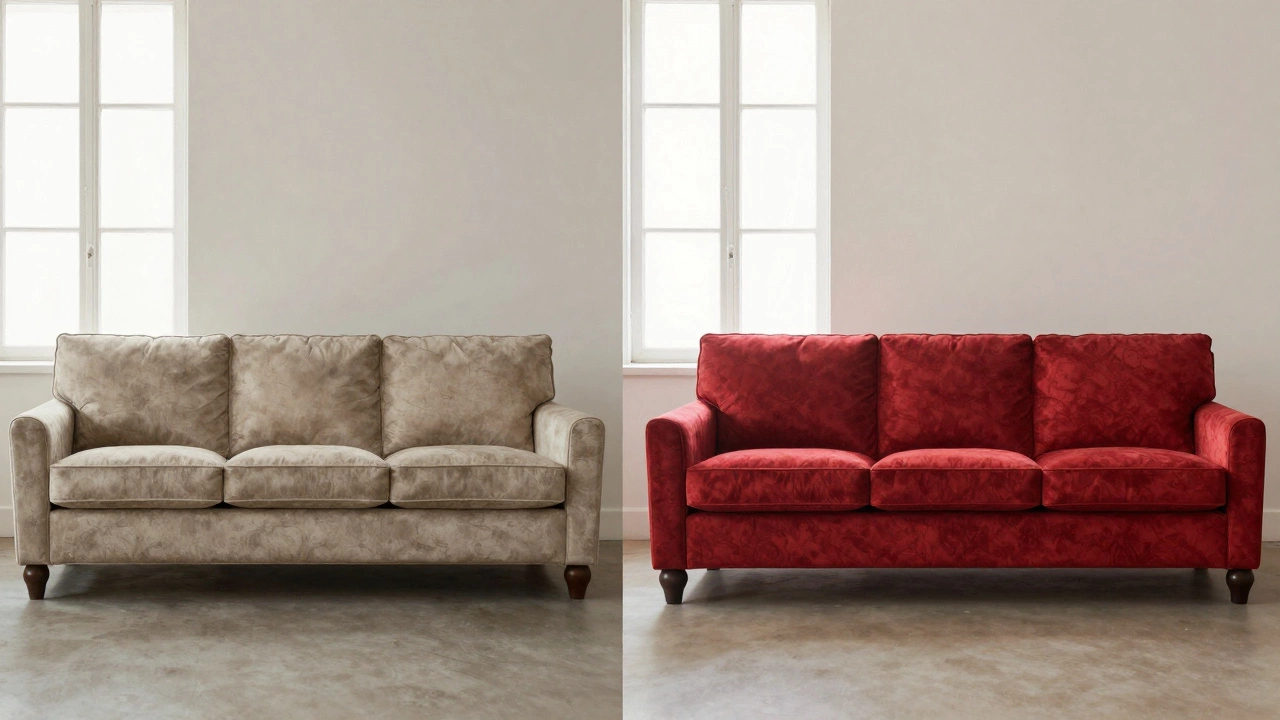 Split image comparing a worn-out sofa on one side and a pristine performance fabric sofa on the other after years of use.