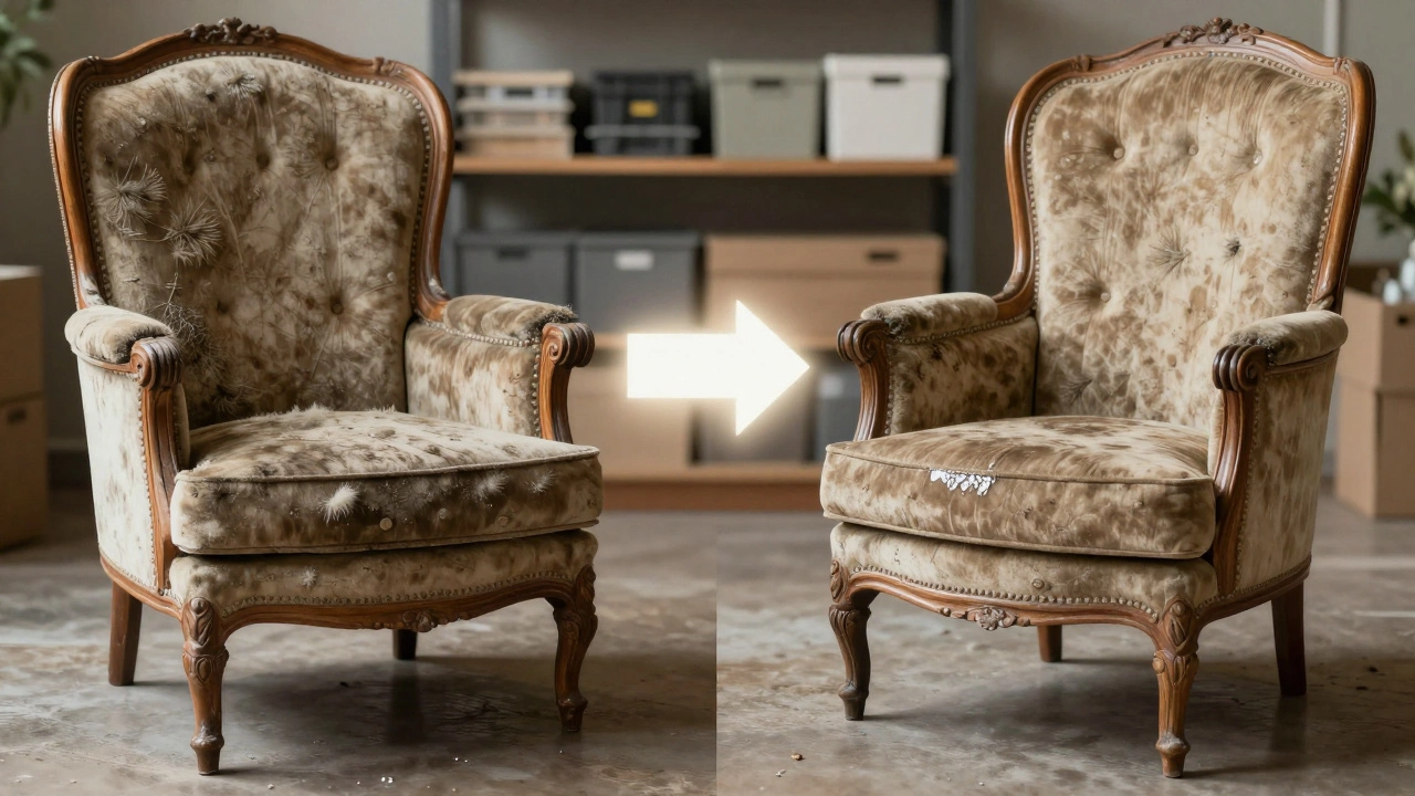 Split image of a mould-damaged sofa versus the same sofa restored after cleaning.