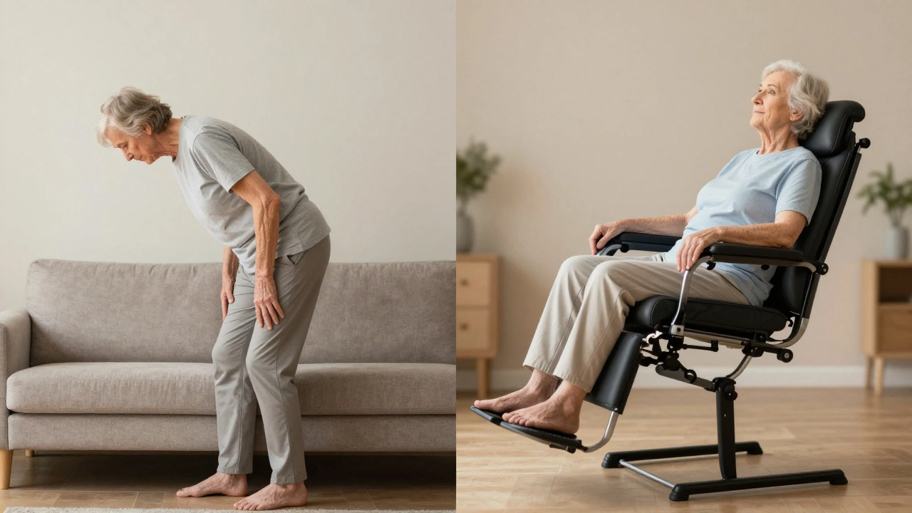 Split image: struggling to stand vs. effortlessly rising with proper chair support.