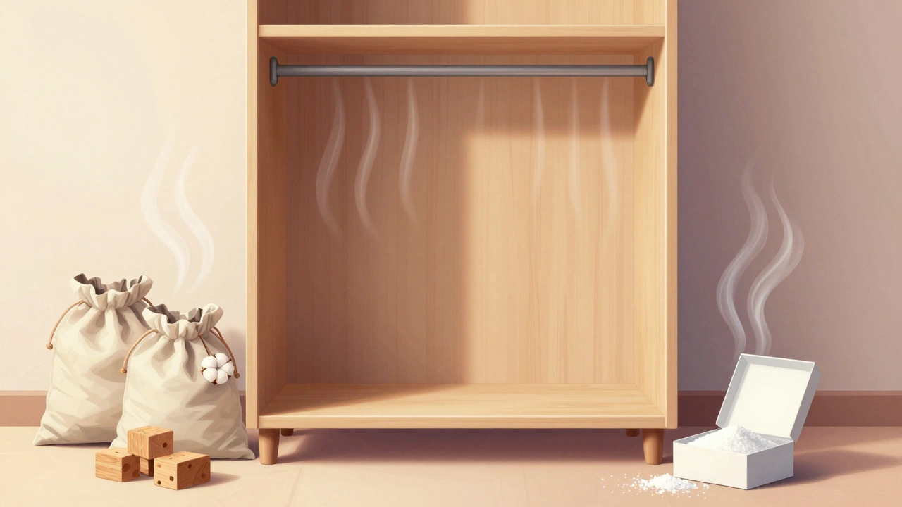 Wardrobe with space from wall, cedar blocks, baking soda, and cotton bags promoting airflow.