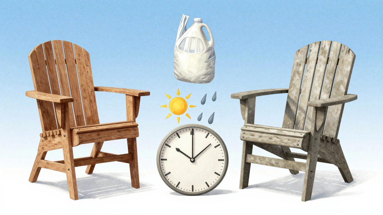 A 20-year comparison illustration: a pristine POLYWOOD chair next to a weathered Trex chair, with sun and rain symbols.