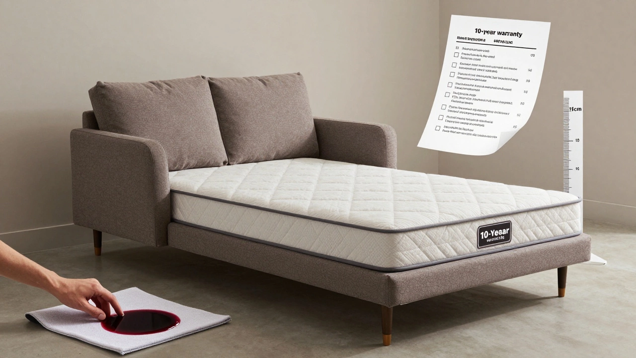 A durable sofa bed is shown with key quality features like a thick mattress, stain-resistant fabric, and warranty label.