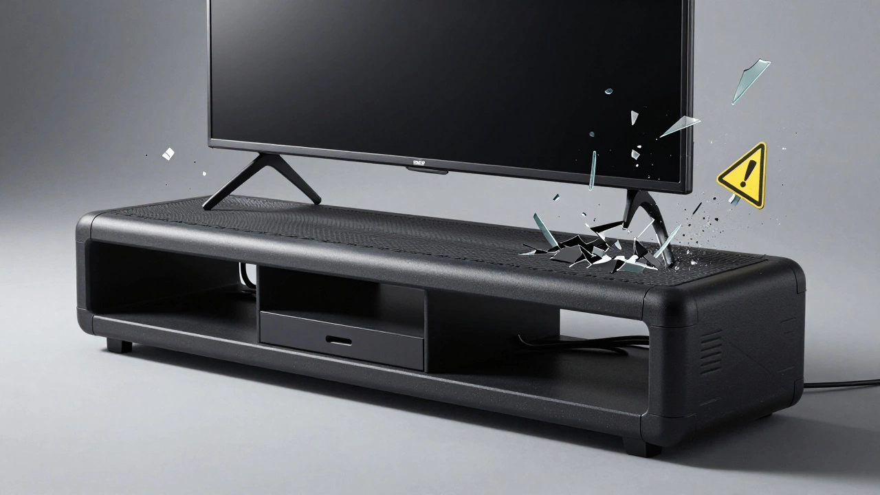 A heavy-duty TV stand supports a TV while a weak stand breaks underneath, symbolizing safety versus risk.