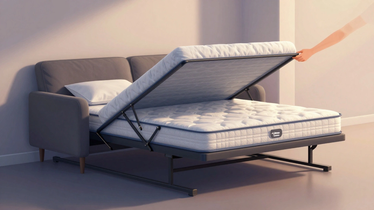 A sofa bed is being smoothly converted from couch to bed using a pull-out mechanism with visible reinforced rails.