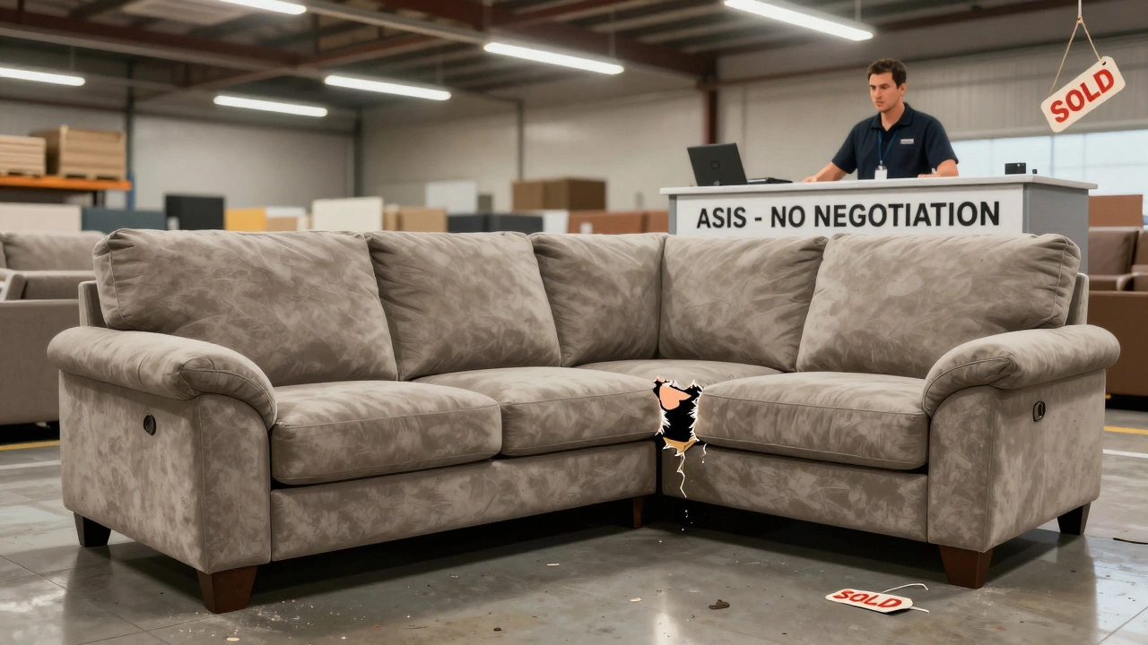 Damaged sectional sofa with visible tear, staff member standing firm beside it.