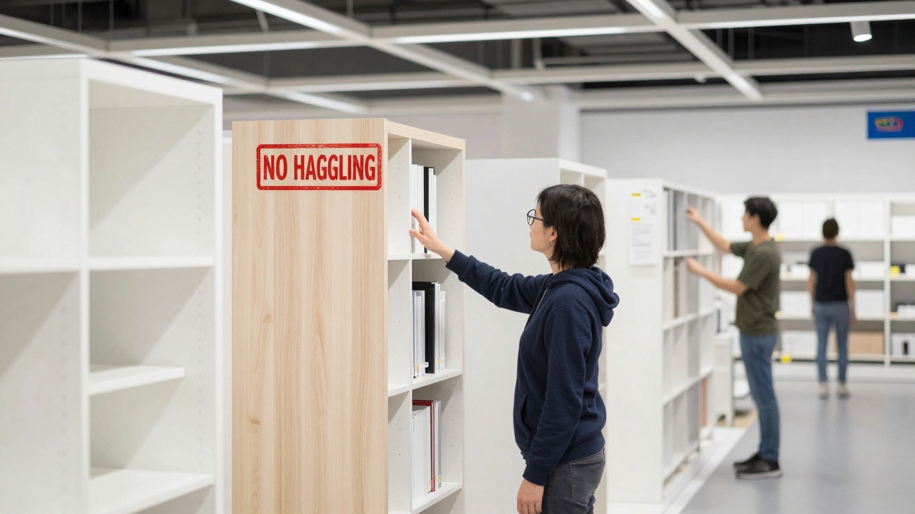 Minimalist IKEA furniture display with 'NO HAGGLING' implied in the design.