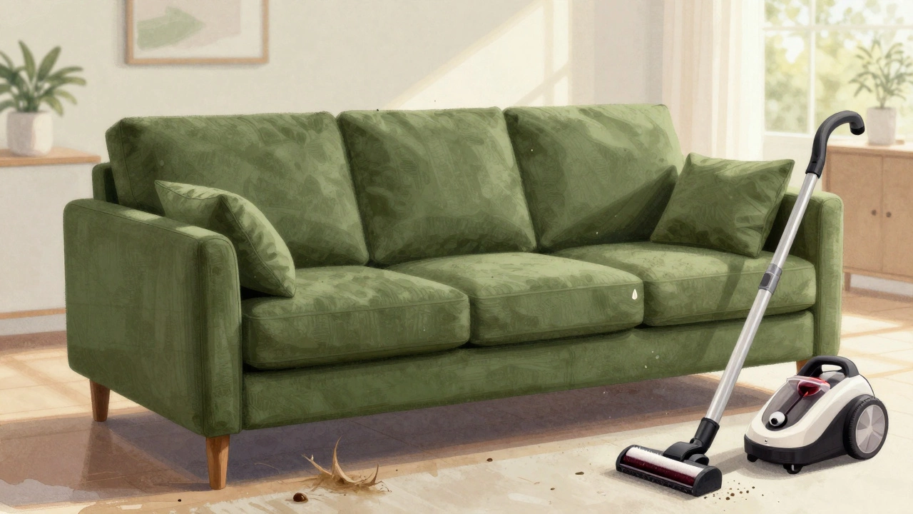 Olive-green performance fabric sofa with floating washable cushions, repelling spills and pet hair in abstract style.