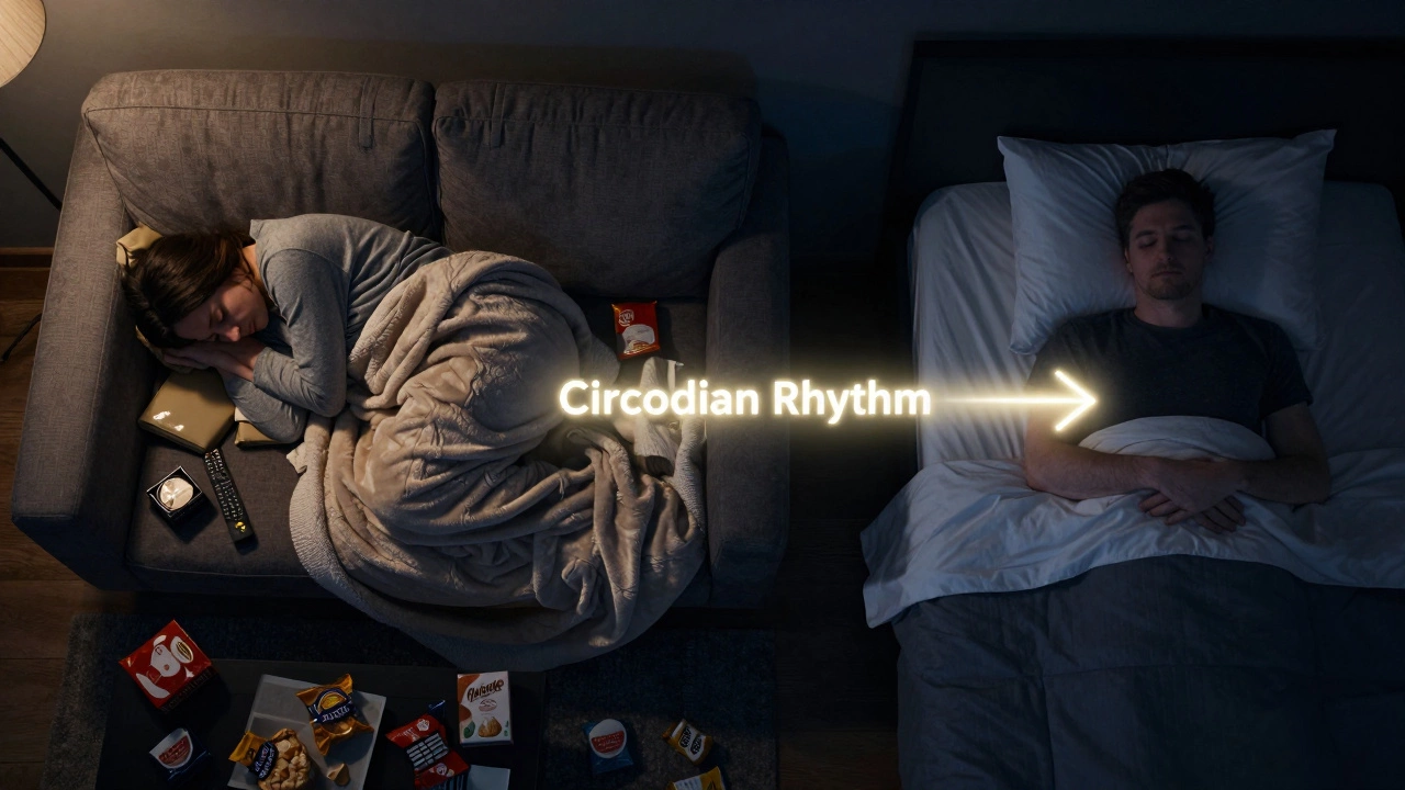 Split image: messy couch sleep vs peaceful bed sleep with circadian path.