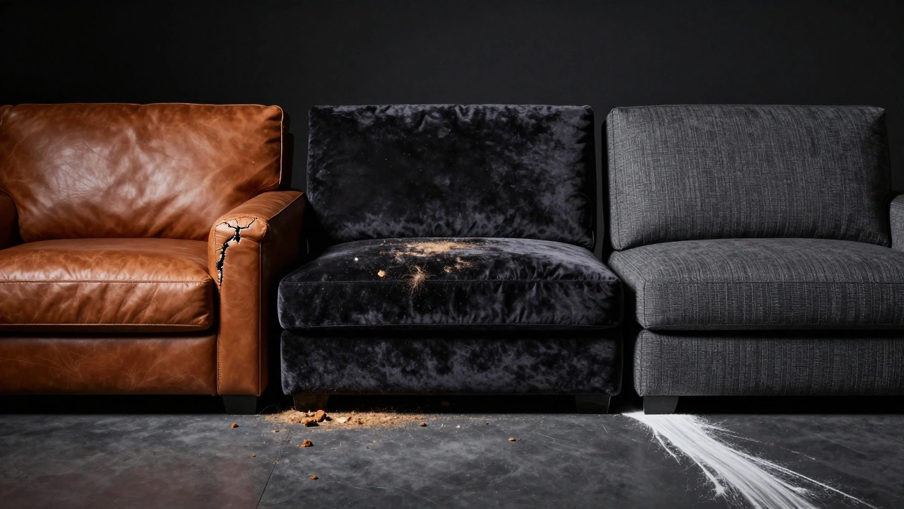 Three sofas compared: cracked leather, dusty velvet, and clean performance fabric under dramatic lighting.
