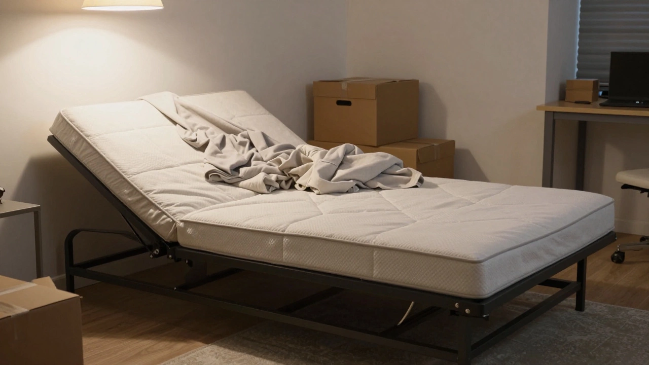 A compact sofa bed with its thin mattress folded down, revealing exposed metal supports and a cramped room setting.