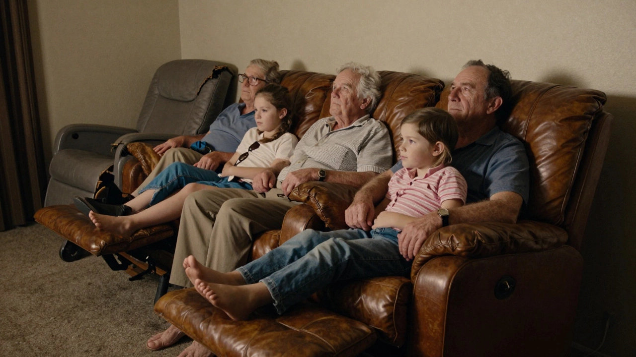 A family using a 12-year-old recliner for movie night, with a broken chair discarded nearby in soft lamplight.