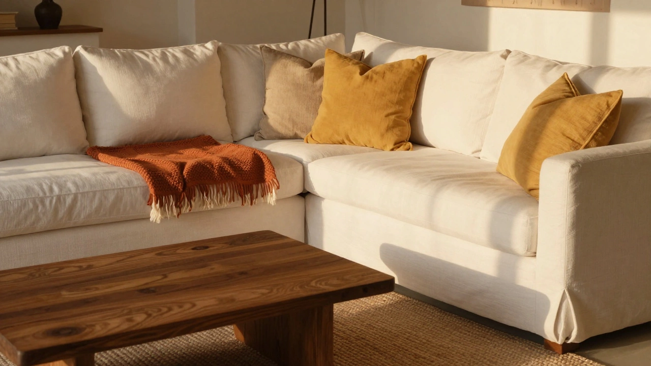 A warm-toned living room with a cream sofa, terracotta rug, and mustard pillows, bathed in golden sunlight.