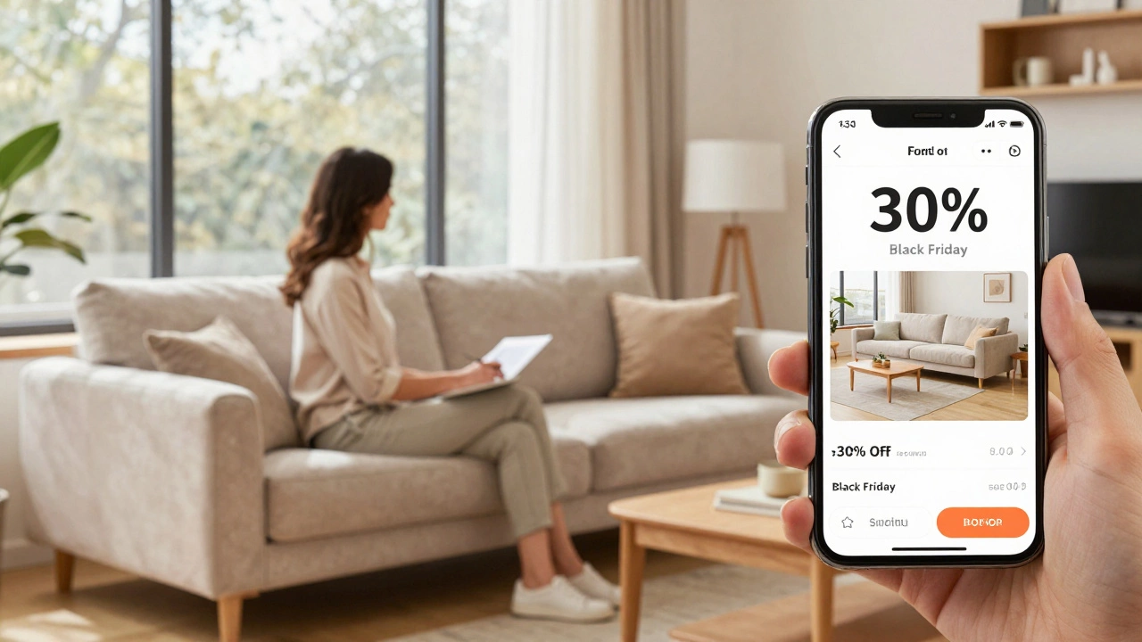 A woman testing a sofa in a showroom while viewing an online deal on her phone.