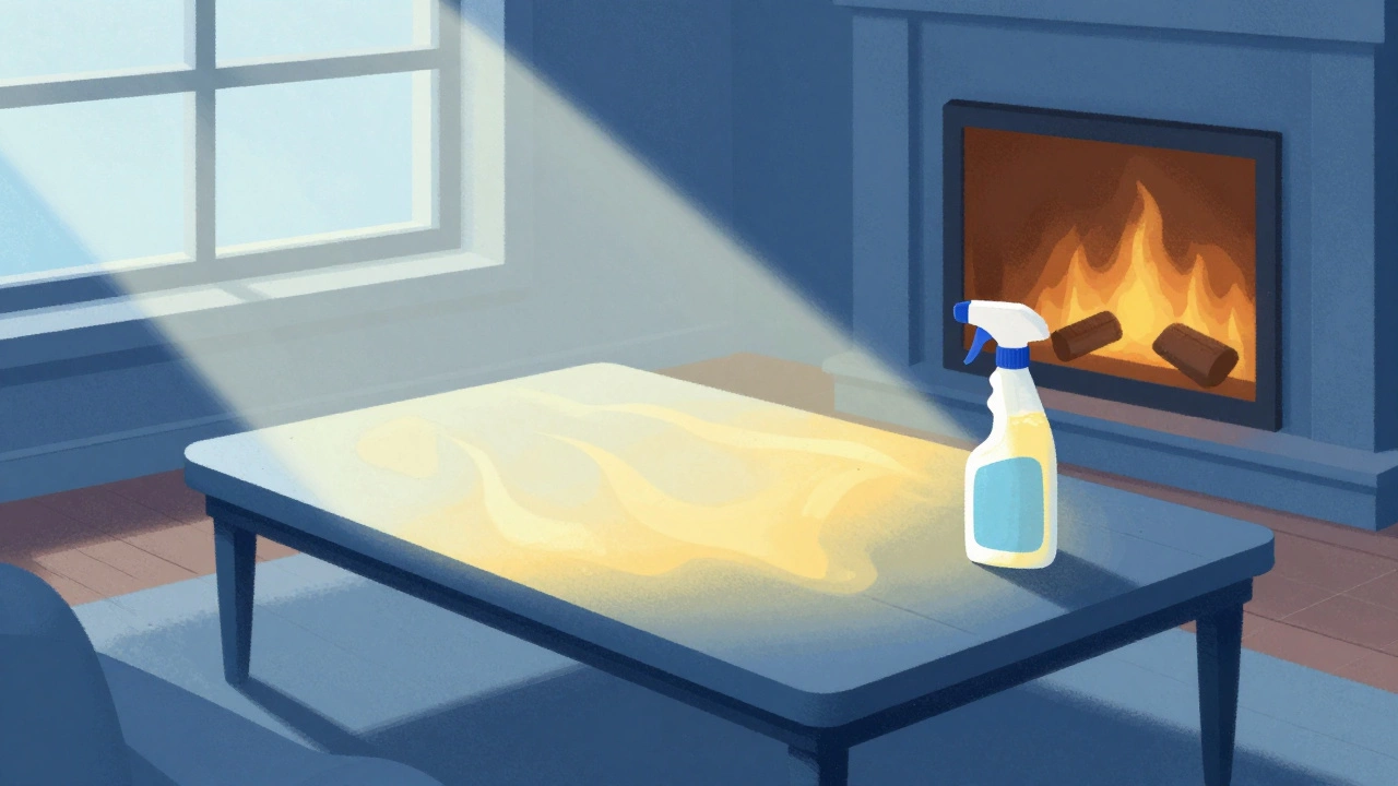 Coffee table showing factors causing yellowing: sunlight, heat, cleaning products.