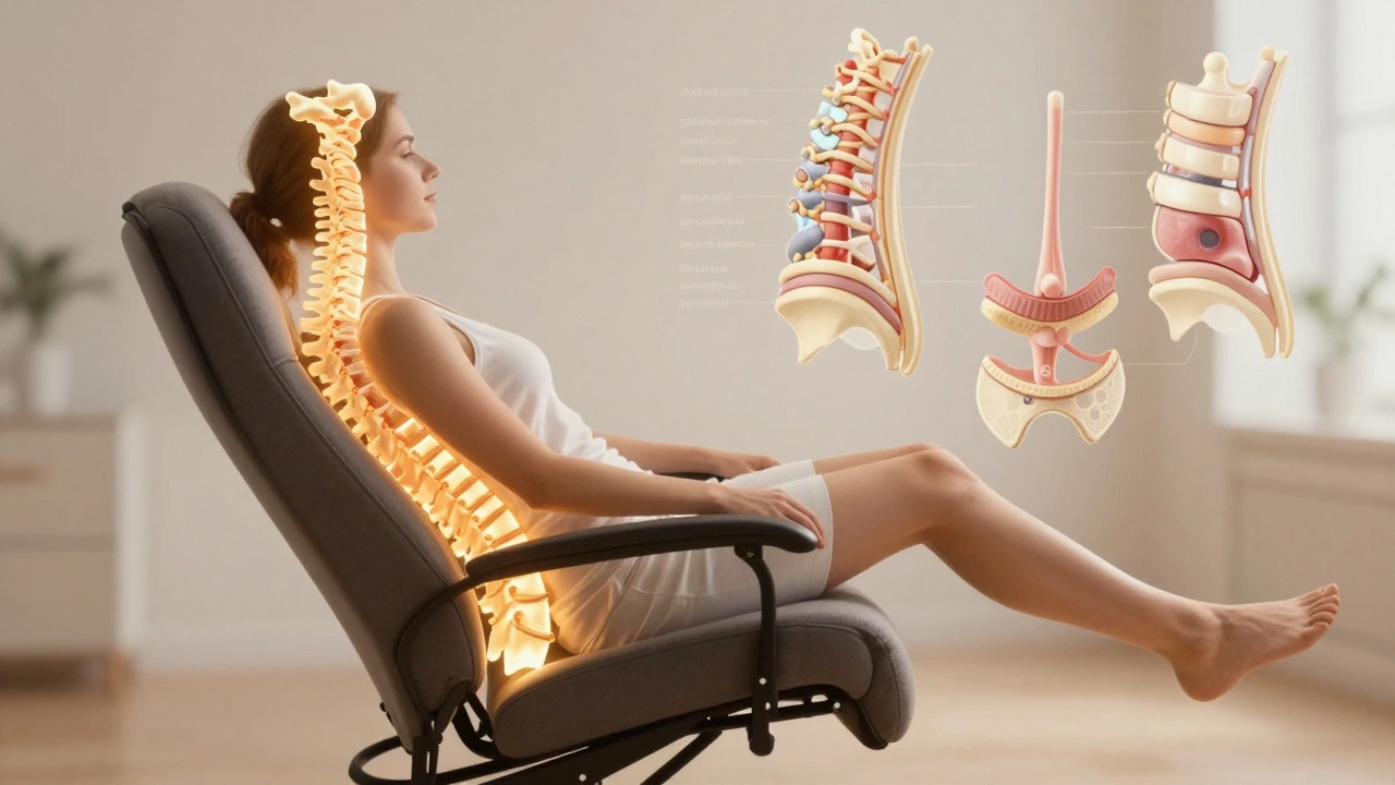 Ergonomic recliner with glowing lumbar support aligning perfectly with the spine's natural curve.