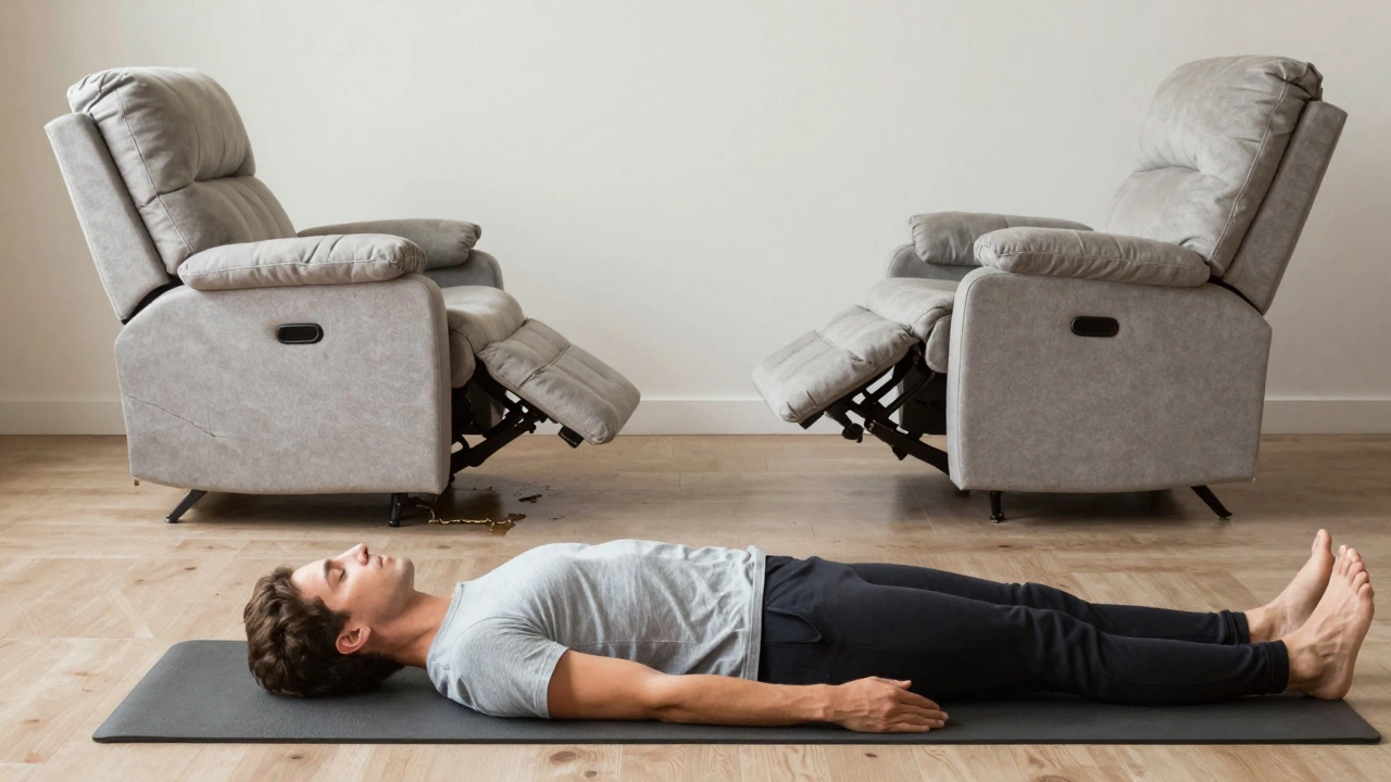 Person stretching after using a recliner, with split view showing good vs. bad chair design.