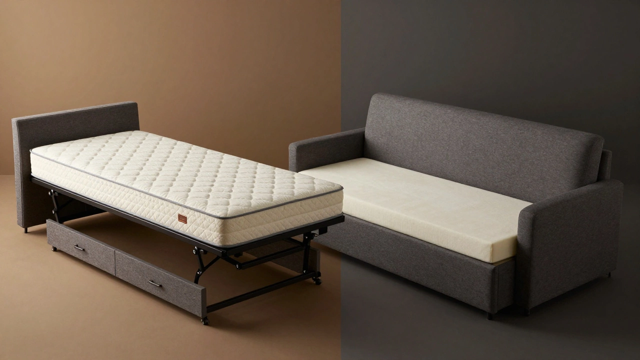 Side-by-side diagram comparing the hidden pull-out mechanism of a sleeper sofa with the fold-down design of a sofa bed.