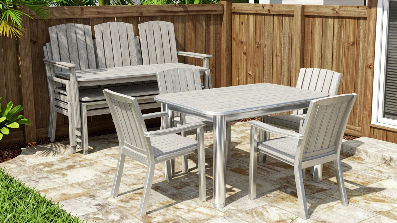 A homeowner’s backyard over time: three discarded POLYWOOD sets versus one enduring Tropitone set in pristine condition.