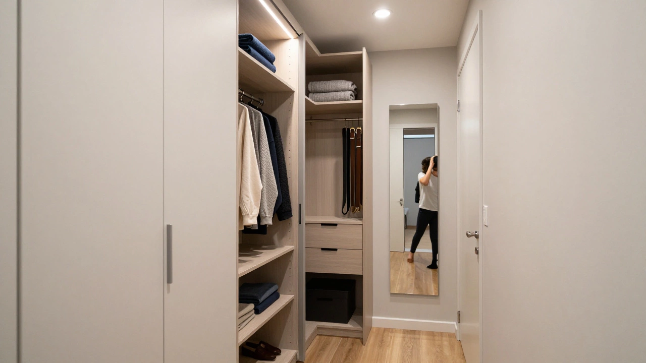A narrow hallway converted into a sleek wardrobe with mirrored doors and integrated lighting for compact living spaces.