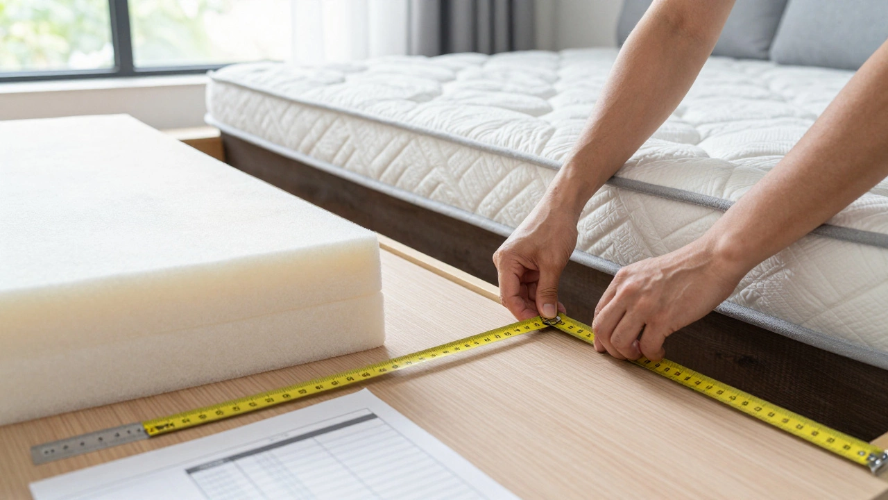 A person measuring a sofa bed frame with a tape measure, comparing mattress options beside them.