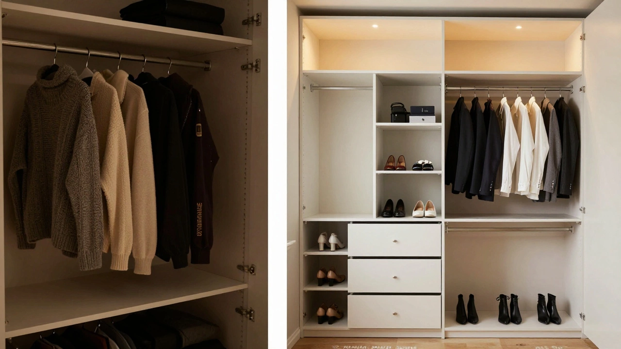 A visual contrast between a cluttered old closet and a streamlined modern wardrobe, highlighting design evolution.