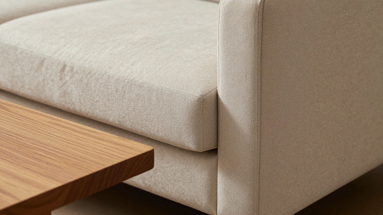 Close-up of sofa cushion and table edge height difference.