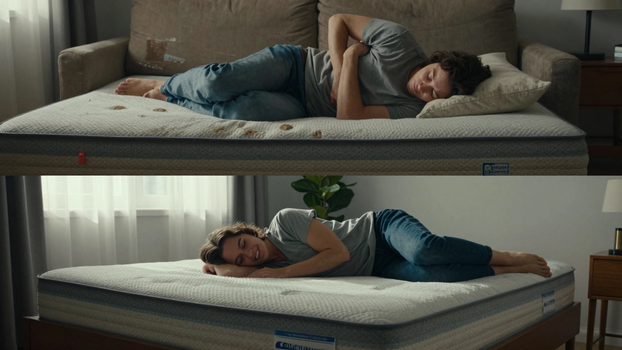 Contrasting images of someone waking up in pain versus sleeping peacefully on a high-quality sofa bed mattress.