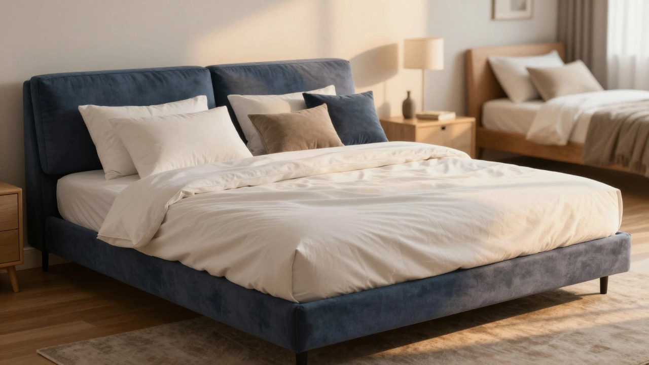 Converted sleeper sofa set up as a comfortable guest bed with linen