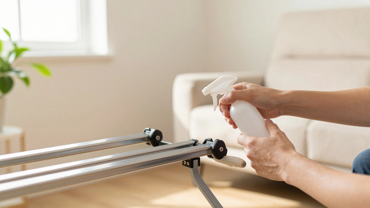 Hands lubricating recliner sliding tracks during maintenance.