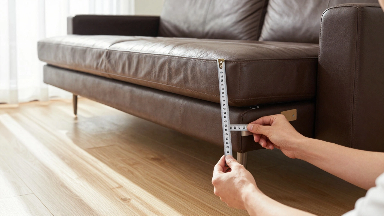 Hands measuring sofa bed frame depth with a tape measure