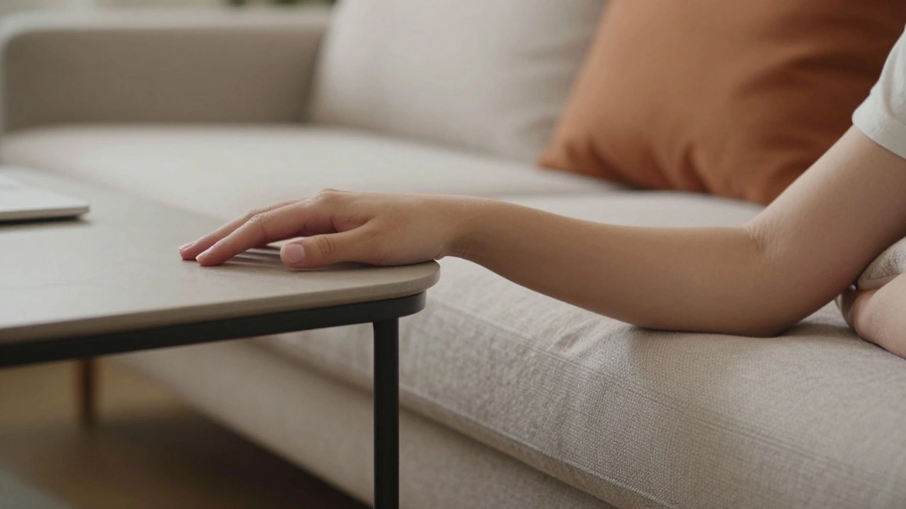 Person sitting on sofa reaching for item on table.