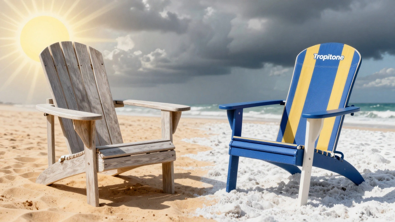 Side-by-side comparison of POLYWOOD chair showing wear versus Tropitone furniture remaining intact under harsh sun and salt air.