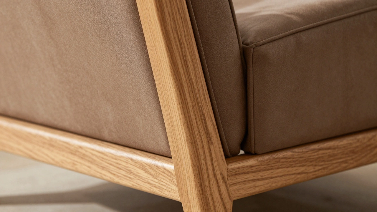 Wooden frame joint of a recliner showing solid wood construction.